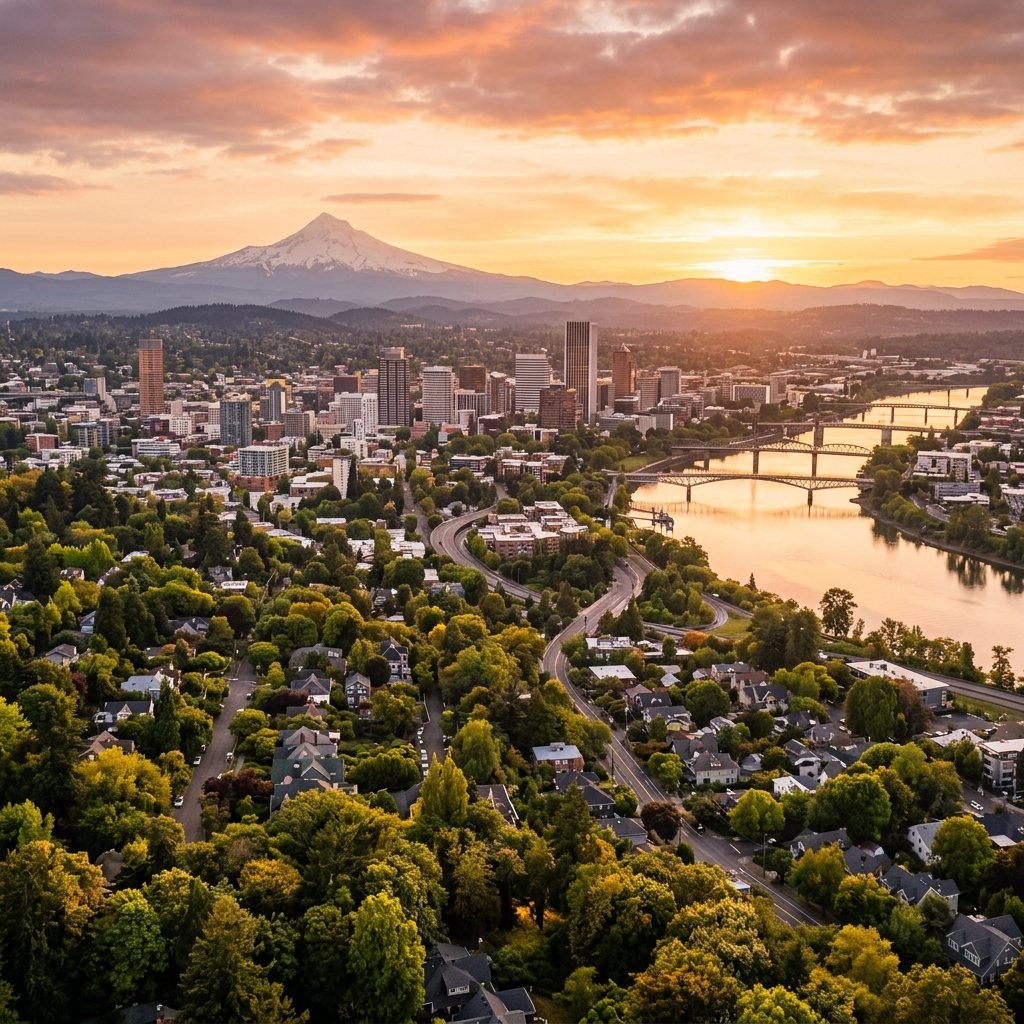 Portland and the Willamette River at sunset, Mount Hood behind