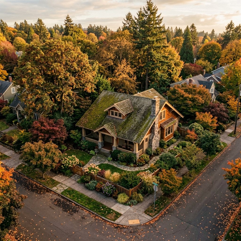 A Portland craftsman home from above in autumn